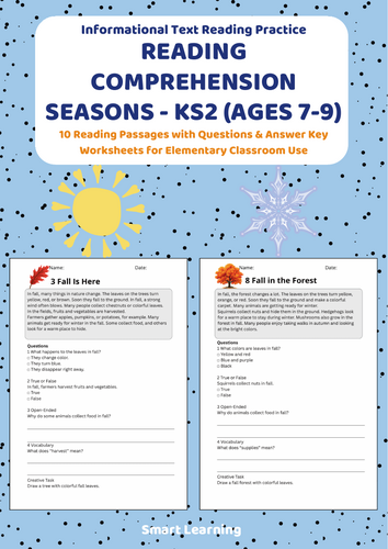 Reading Comprehension Seasons Worksheets (Ages 7–9) | 10 Texts & Questions