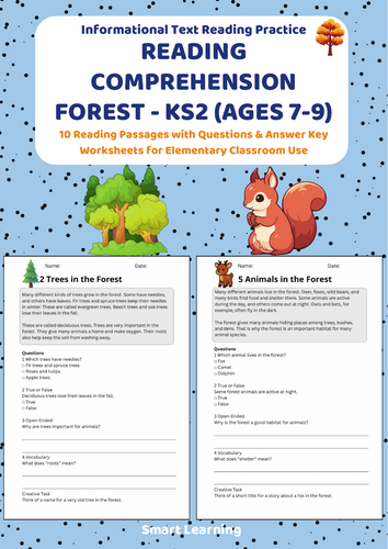 Reading Comprehension Forest Worksheets (Ages 7–9) | 10 Texts & Questions