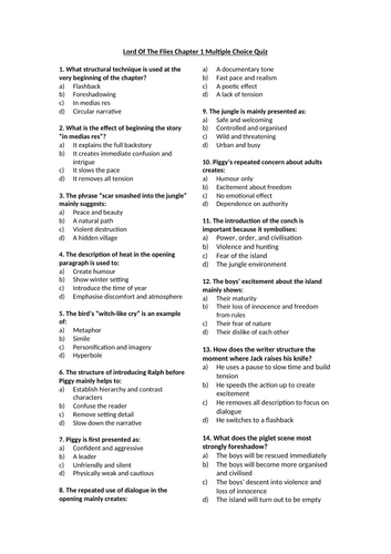 Lord Of The Flies Chapter 1 Multiple Choice Quiz | Teaching Resources