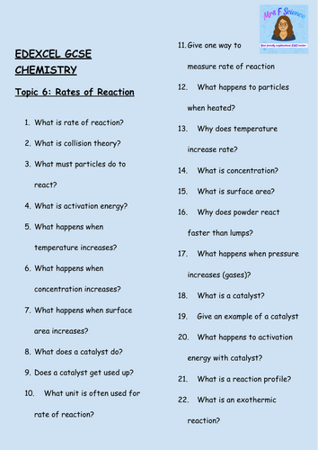 GCSE Edexcel Chemistry – Rates of Reaction Worksheet (30 Low-Stakes ...