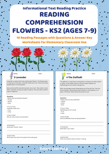 Reading Comprehension Flowers Worksheets (Ages 7–9) | 10 Texts & Questions