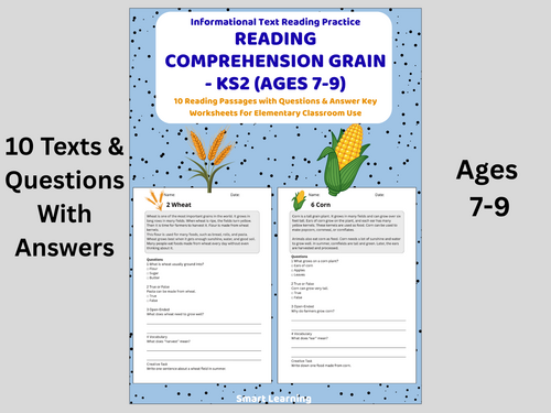 Reading Comprehension Grain Worksheets (Ages 7–9) | 10 Texts & Questions