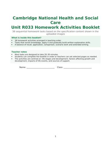 OCR Health and Social Care R033 Homework Activities | Full Year weekly ...