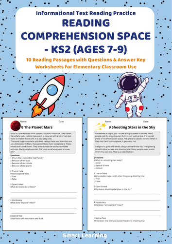 Reading Comprehension Space Worksheets (Ages 7–9) | 10 Texts & Questions