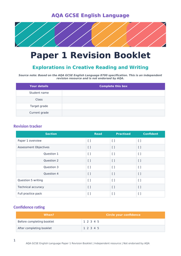 AQA GCSE English Language Paper 1 Revision Booklet | Teaching Resources