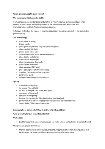 Volver: Cinematographic Essay Support (Spanish) | Teaching Resources