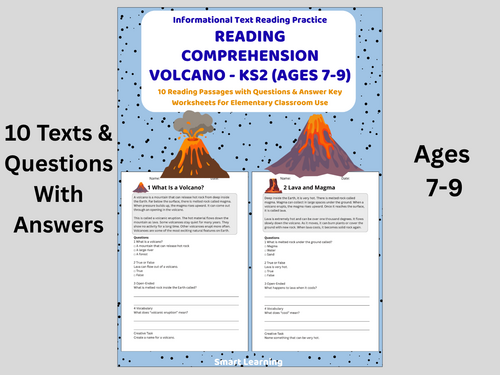 Reading Comprehension Volcano Worksheets (Ages 7–9) | 10 Texts & Questions