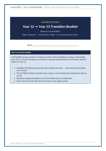 A Level Politics Transition Booklet: Year 12 to Year 13 (Edexcel ...