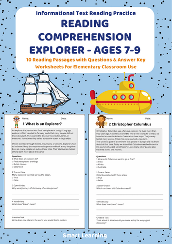 Reading Comprehension Explorer Worksheets (Ages 7–9) | 10 Texts