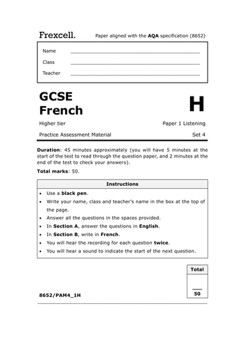 AQA GCSE French (2026) – Higher Listening Practice Paper (Set 4)