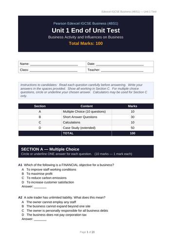 Edexcel IGCSE Business (4BS1) Unit 1 End of Unit Test + Mark Scheme ...