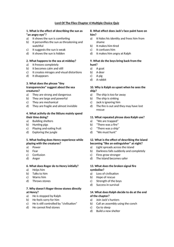 Lord Of The Flies Chapter 4 Multiple Choice Quiz | Teaching Resources