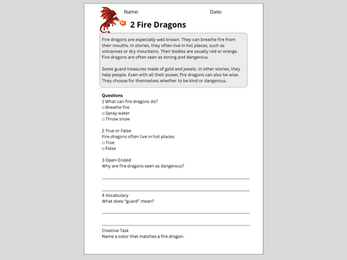 Reading Comprehension Dragons Worksheets (Ages 7–9) | 10 Texts ...