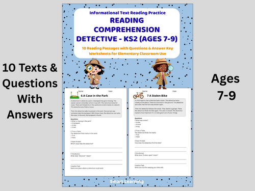 Reading Comprehension Detective Worksheets (Ages 7–9) | 10 Texts & Questions
