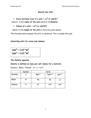 KS5 Physics Density Calculations Pre-Assessment Revision