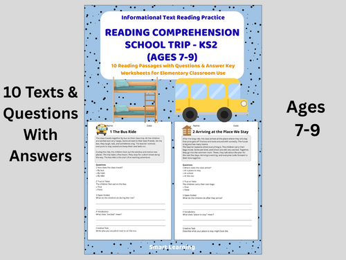 Reading Comprehension School Trip Worksheets (Ages 7–9) | 10 Texts & Questions
