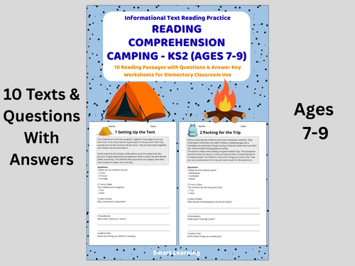 Reading Comprehension Camping Worksheets (Ages 7–9) | 10 Texts & Questions