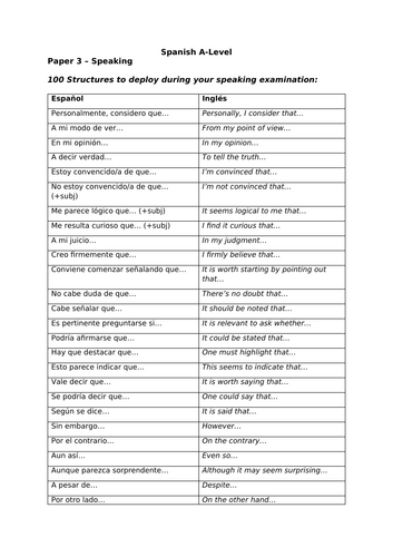 Spanish A Level Speaking Revision - 100 Structures to use in your ...
