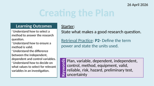 OCR AAQ in Applied Science- Investigating Science: Creating the Plan