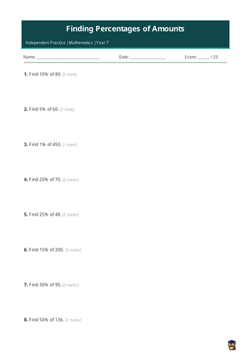 Finding Percentages of Amounts | Year 7 Maths Lesson, Worksheet ...