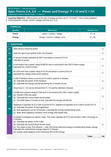 IGCSE Physics: Power and Energy - P = IV and E = IVt | Edexcel Modular ...