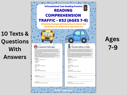 Reading Comprehension Traffic Worksheets (Ages 7–9) | 10 Texts & Questions