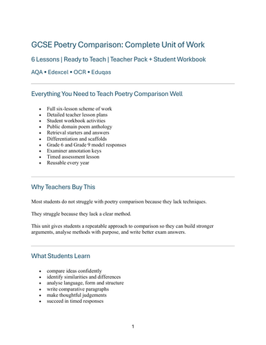 GCSE Poetry Comparison Unit | 6 Lessons + Workbook + Teacher Guide ...