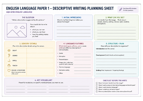AQA GCSE English Language Paper 1 Q5 Descriptive Worksheet