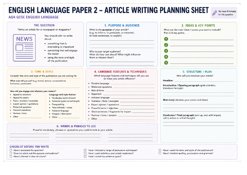 AQA English Language Paper 2 – Article Writing Planning Sheet