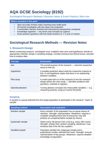 AQA GCSE Sociology (8192) – Research Methods Revision Pack | Teaching ...
