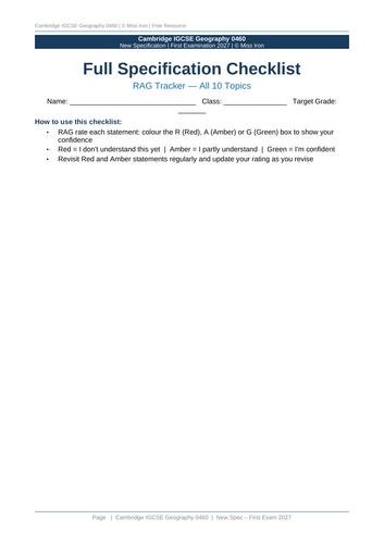 Cambridge IGCSE Geography 0460 | Full Spec Checklist RAG Tracker | New ...