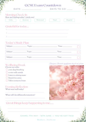 Daily GCSE Exam Countdown & Wellbeing Journal 2026 | Teaching Resources