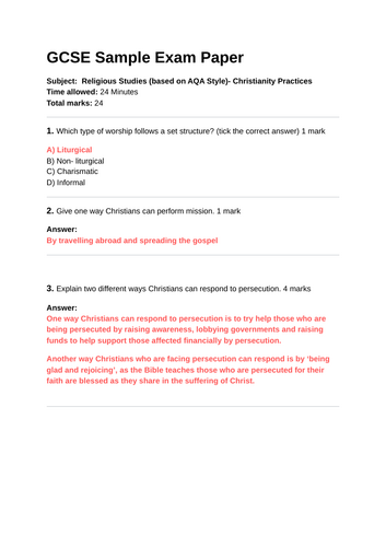 AQA GCSE Religious Studies: Christianity Practices Sample Paper (Paper ...