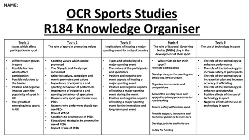 OCR Sports Studies R184 Knowledge Organiser Revision Booklet | Teaching ...
