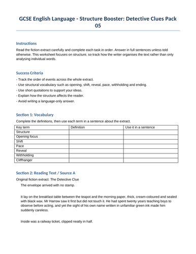 GCSE English Language - Structure Booster: Detective Clues Pack 05 ...
