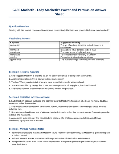 GCSE AQA Macbeth - Lady Macbeth's Power and Persuasion | Teaching Resources