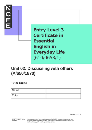 Entry Level 3 Unit 2 Tutor Guide and Workbook