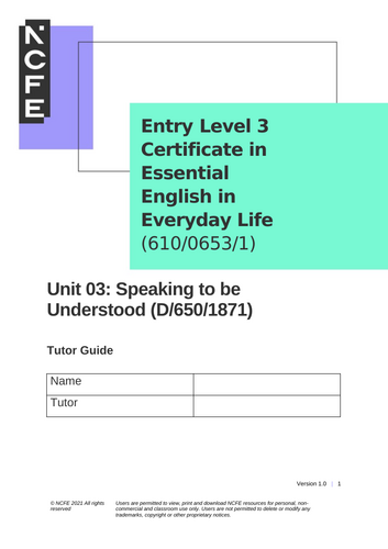 English Entry Level 3 Tutor Guide and Workbook