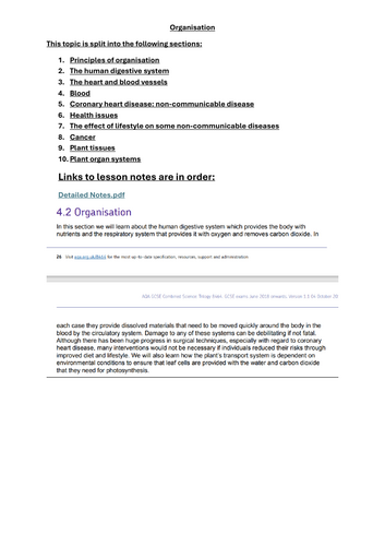 AQA Biology Topic 2 Organisation combined and seperate | Teaching Resources