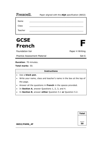 AQA GCSE French (2026) – Foundation Writing Practice Paper (Set 6)