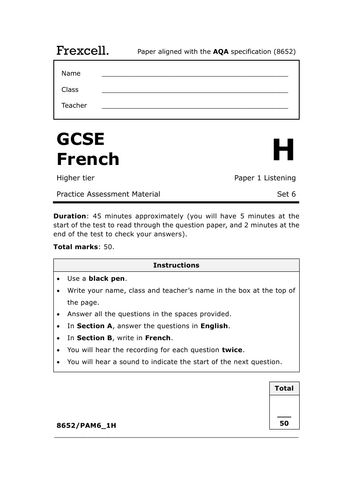 AQA GCSE French (2026) – Higher Listening Practice Paper (Set 6)