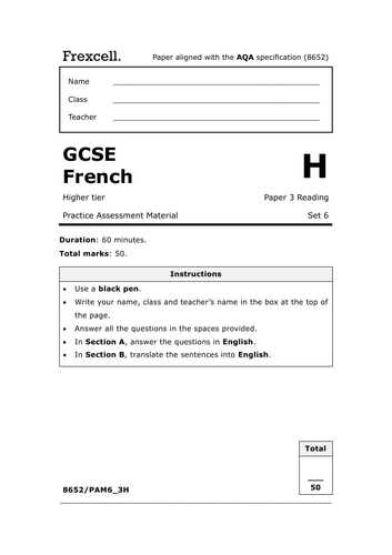 AQA GCSE French (2026) – Higher Reading Practice Paper (Set 6)