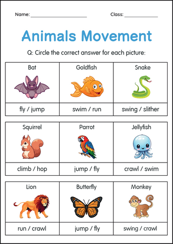 Printable Movements of Animals Activity Worksheets for Grade 1, 2, 3 ...