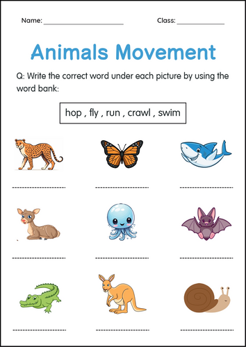 Printable Movements of Animals Activity Worksheets for Grade 1, 2, 3 ...