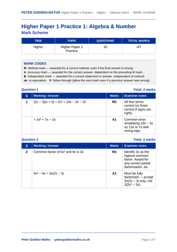 GCSE Higher Paper 1 Practice 1: Algebra & Number + Mark Scheme ...