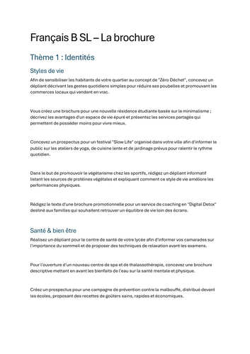 IB French B SL Writing Prompts: Brochure Format | All 5 Themes | Exam ...