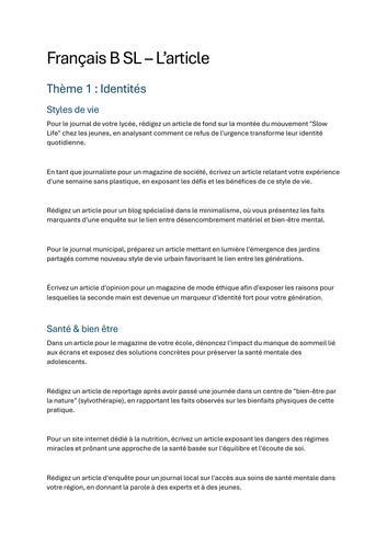IB French B SL Writing Prompts: Article Format | All 5 Themes | Exam ...
