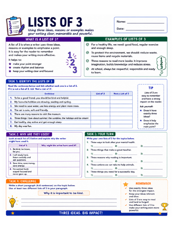 The Rule of Three (Lists of 3) Writing Skills Worksheet: Identifying & Applying