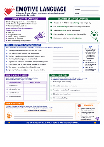 Emotive Language Worksheet: Using Powerful Words for Persuasion
