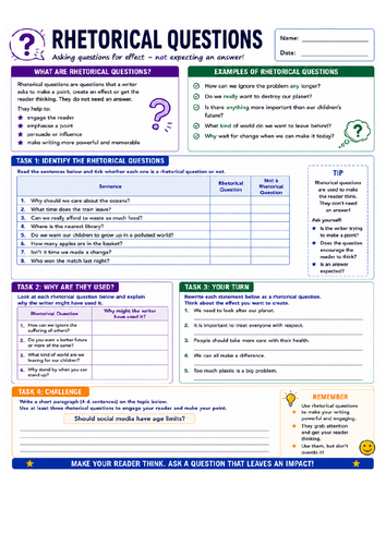 Rhetorical Questions Worksheet: Persuasive Writing & Rhetoric